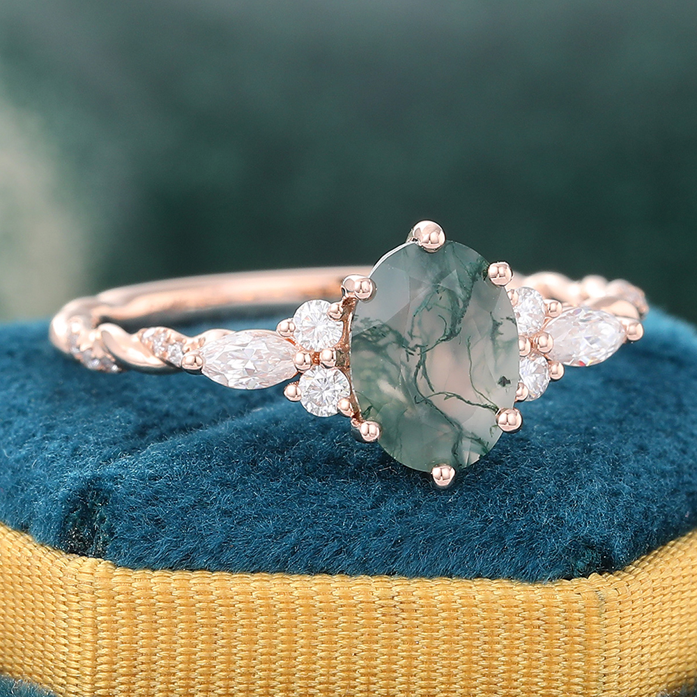 Juyoyo Oval Moss Agate Diamond Ring Twisted Rose Gold