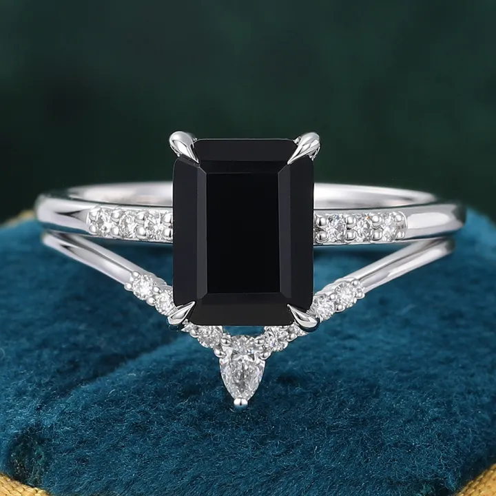 2pcs Vintage Emerald Cut Black Onyx Engagement Ring Solid 14K White Gold Moissanite Bridal Set