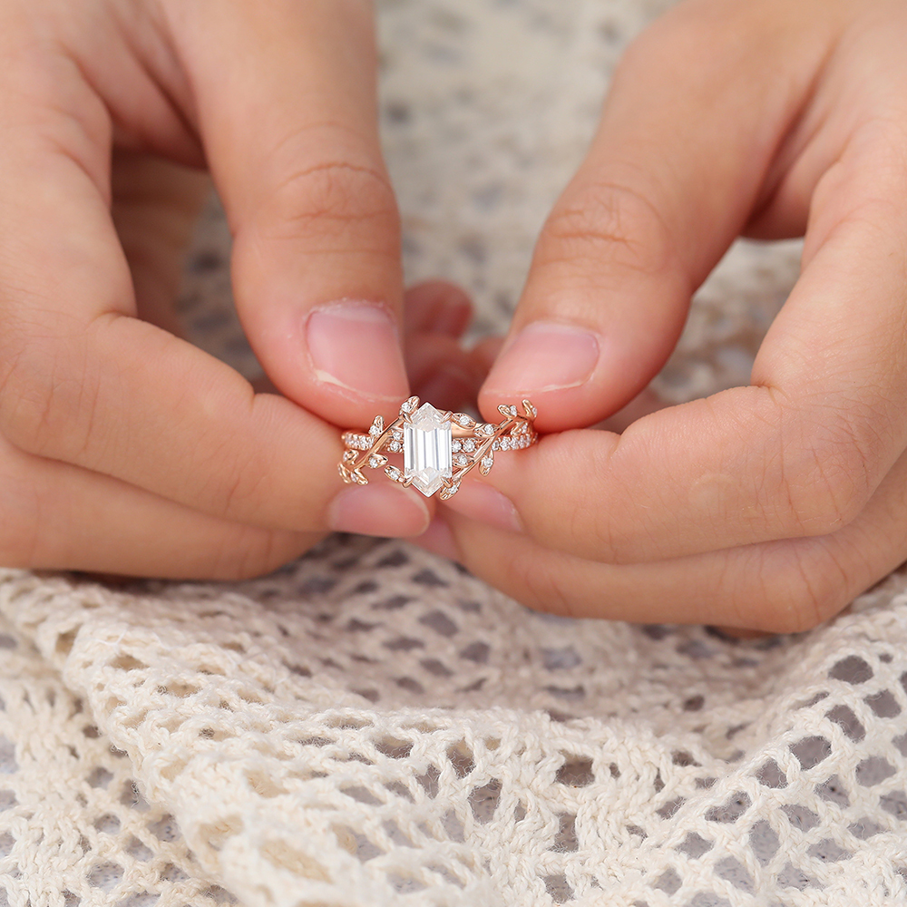 Juyoyo Long Hexagon Cut Moissanite Nature Inspired Engagement Ring Garden-Themed Anniversary Ring