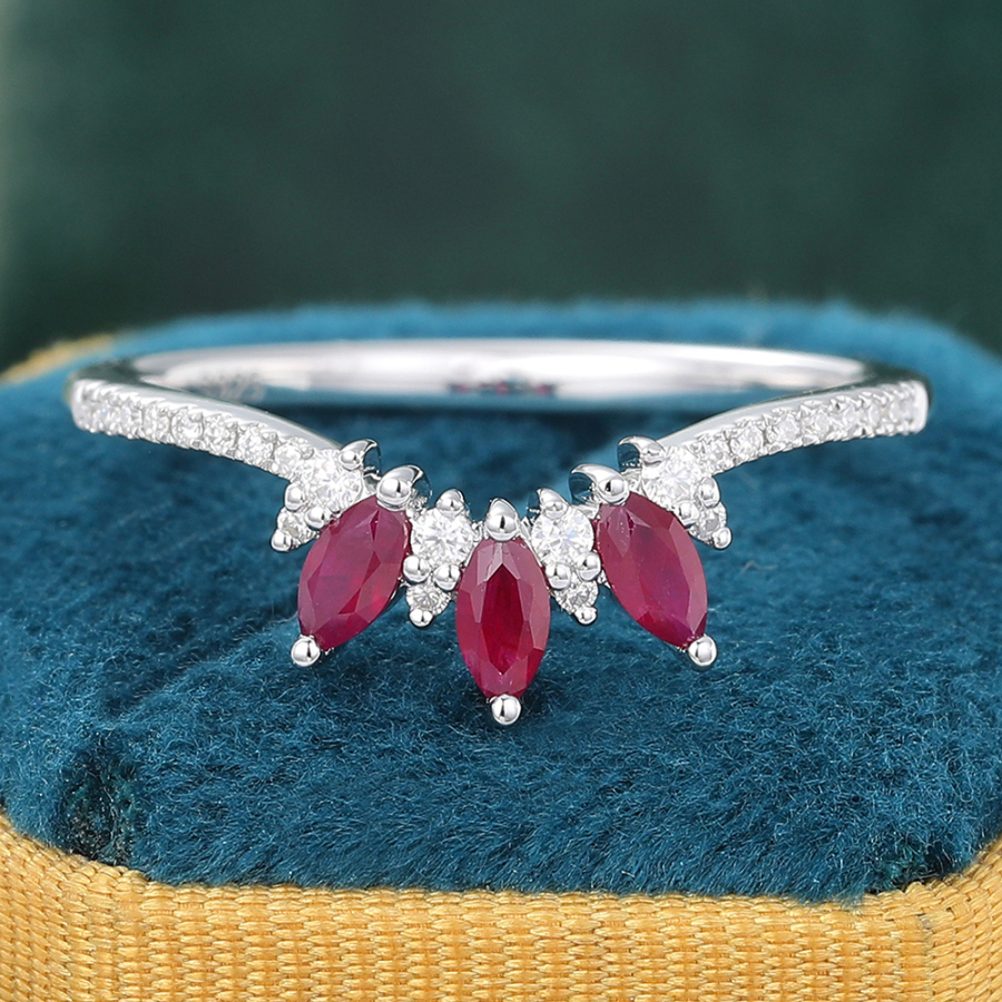 Ruby Curved Wedding Band Diamond Pave White Gold Stacking Ring for Women