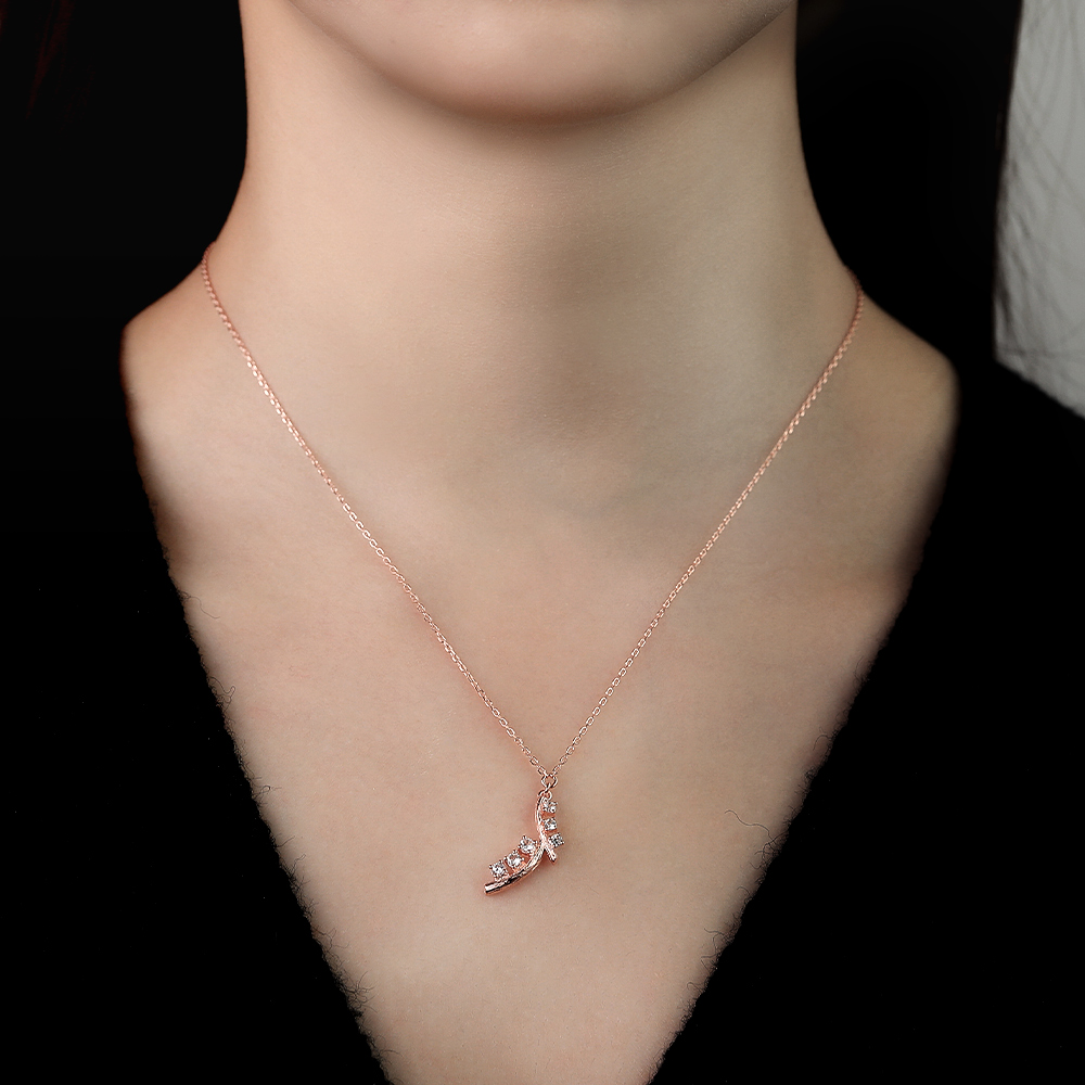 Rose Gold White Sapphire Slender Crescent-Shaped Pendant Necklace
