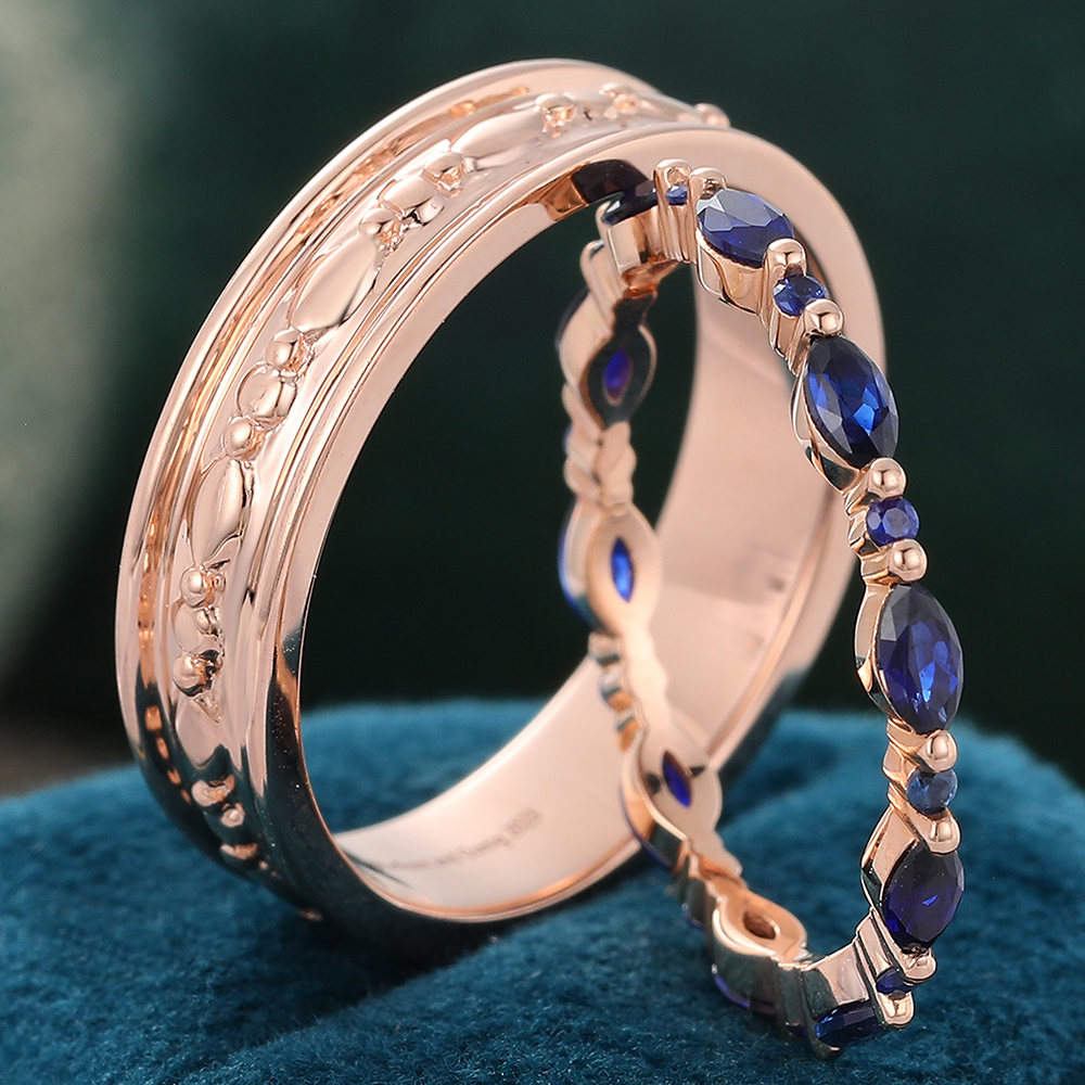 Juyoyo Marquise Sapphire Bridal Ring Set Eternity Wedding Band Wide Double Bands Rose Gold