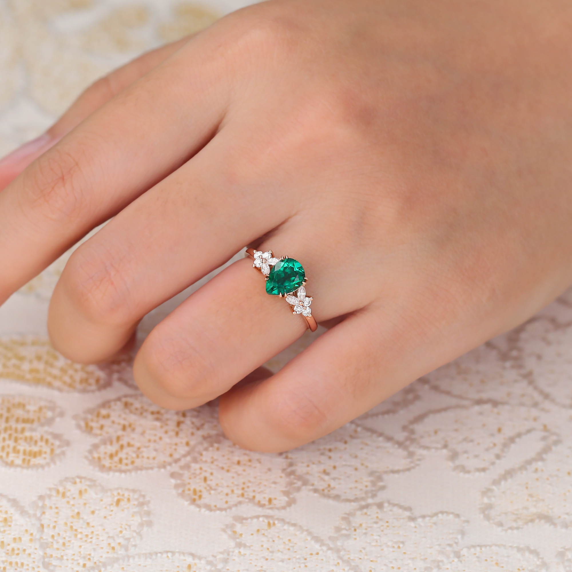 Juyoyo Pear Shape Lab Emerald Engagement Ring Diamond Cluster Ring