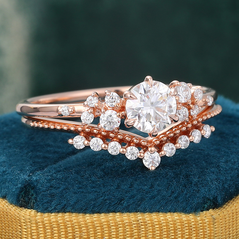 Juyoyo Rose Gold Moissanite Bridal Ring Set Art Deco Engagement Ring Set for Women - 2pcs