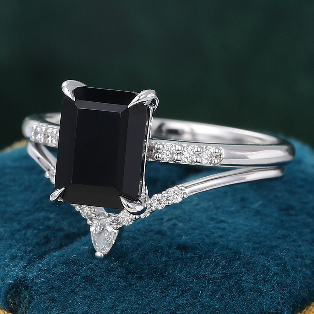 Vintage-Inspired Emerald Cut Black Onyx Ring Set with Diamond Accents in White Gold - 2-Piece