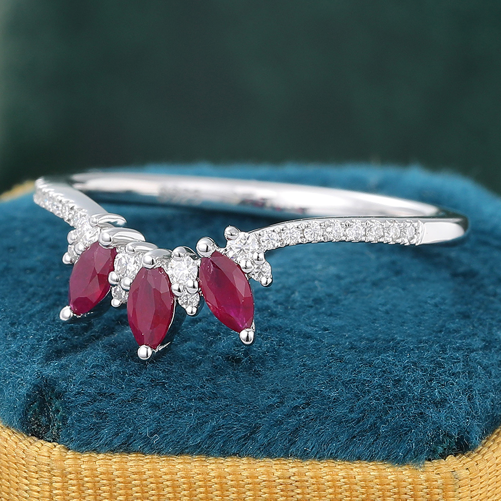 Juyoyo Ruby Curved Wedding Band Diamond Pave White Gold Stacking Ring for Women