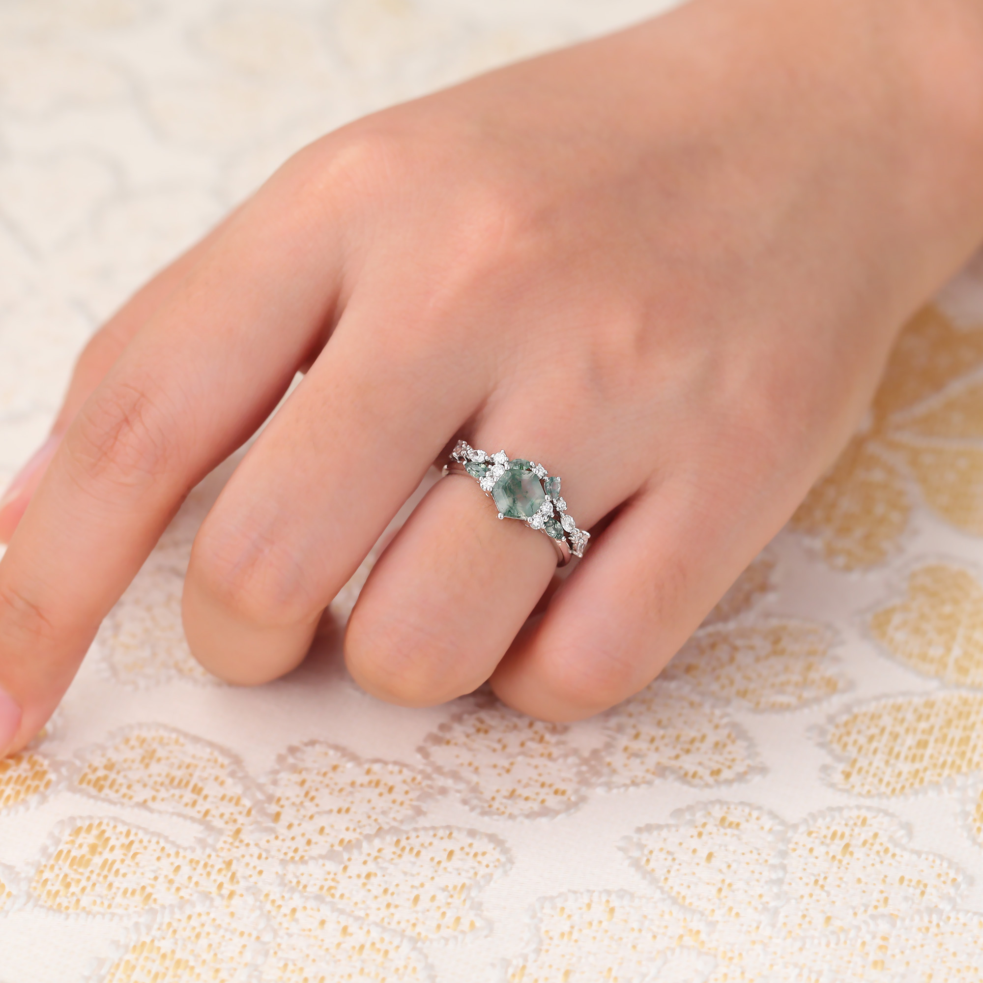 Juyoyo Moss Agate Engagement Ring Wedding Band Set Promise Rings for Couples