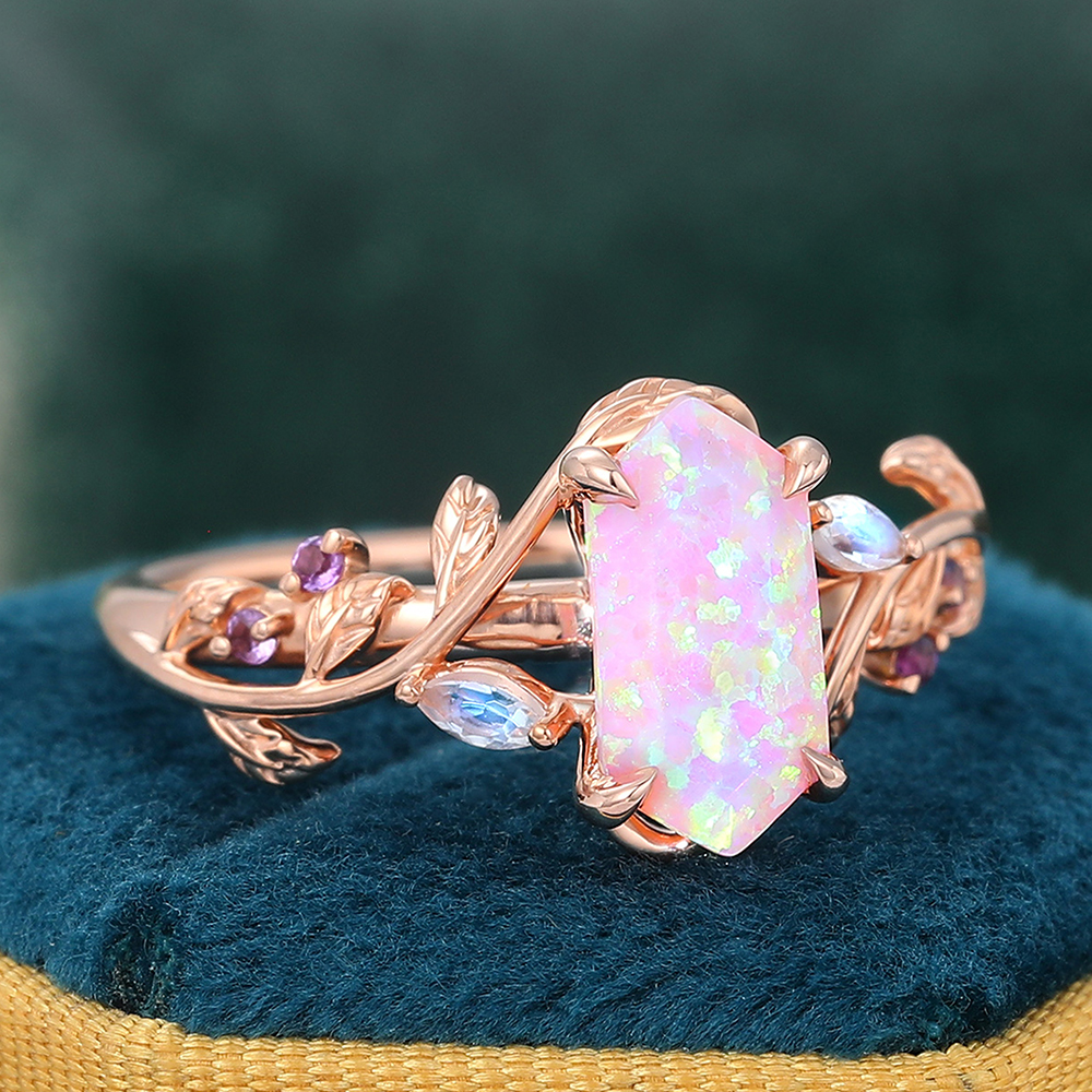 Juyoyo Elongated Hexagon Cut Pink Opal Engagement Ring Nature Inspired Bridal Ring Rose Gold