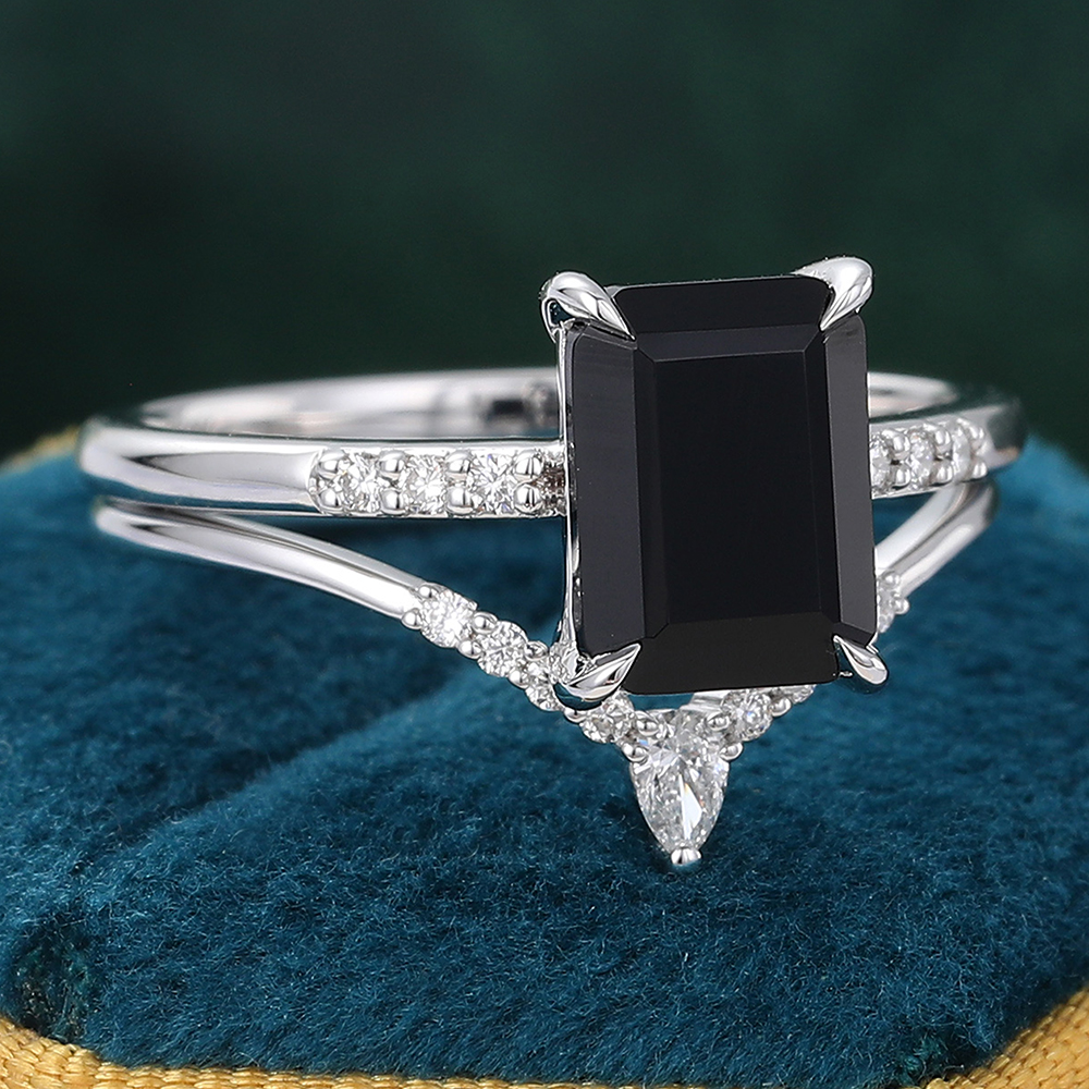 Vintage-Inspired Emerald Cut Black Onyx Ring Set with Diamond Accents in White Gold - 2-Piece
