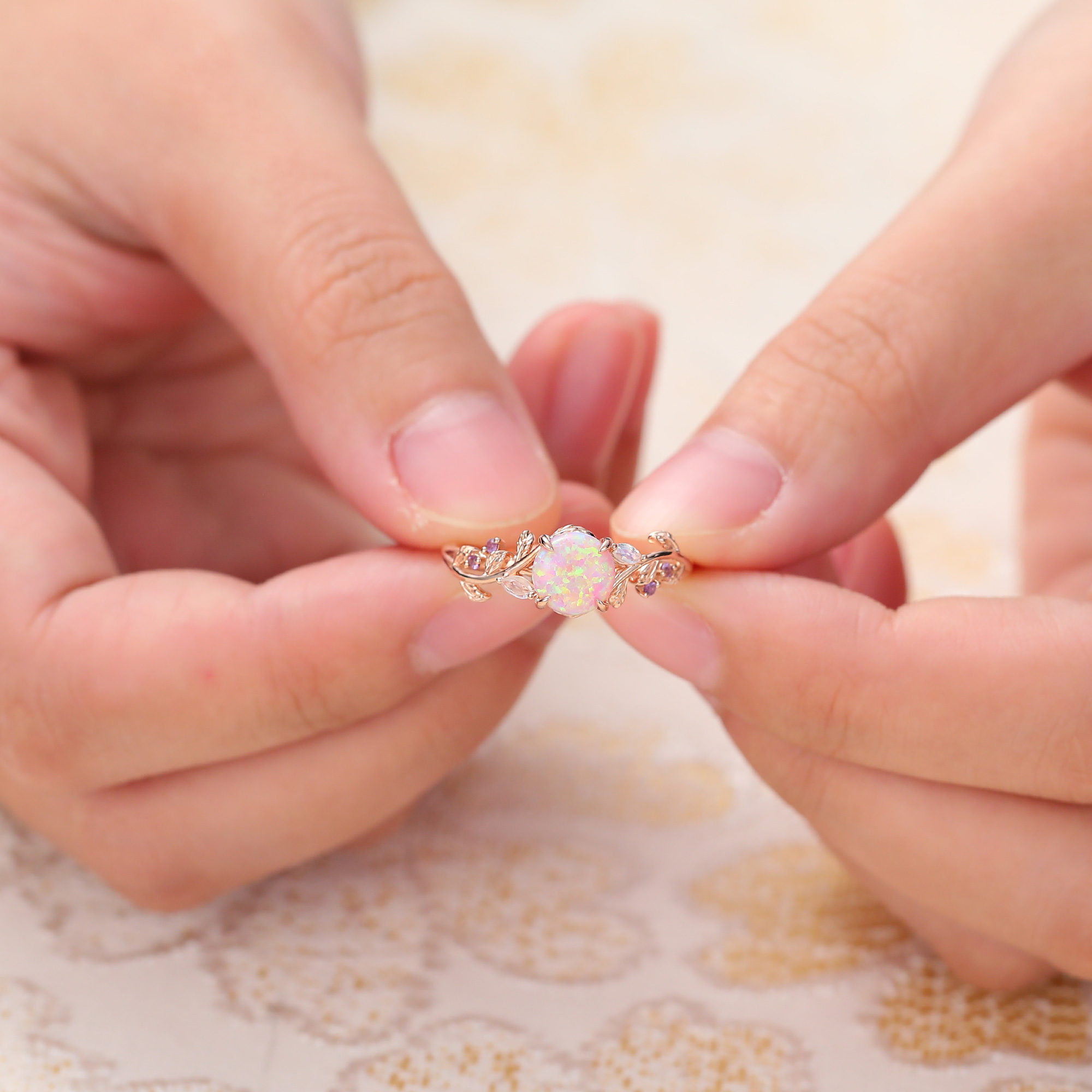 Juyoyo Round Cut Pink Opal Ring Nature Inspired Leaf Engagement Ring 14K Rose Gold