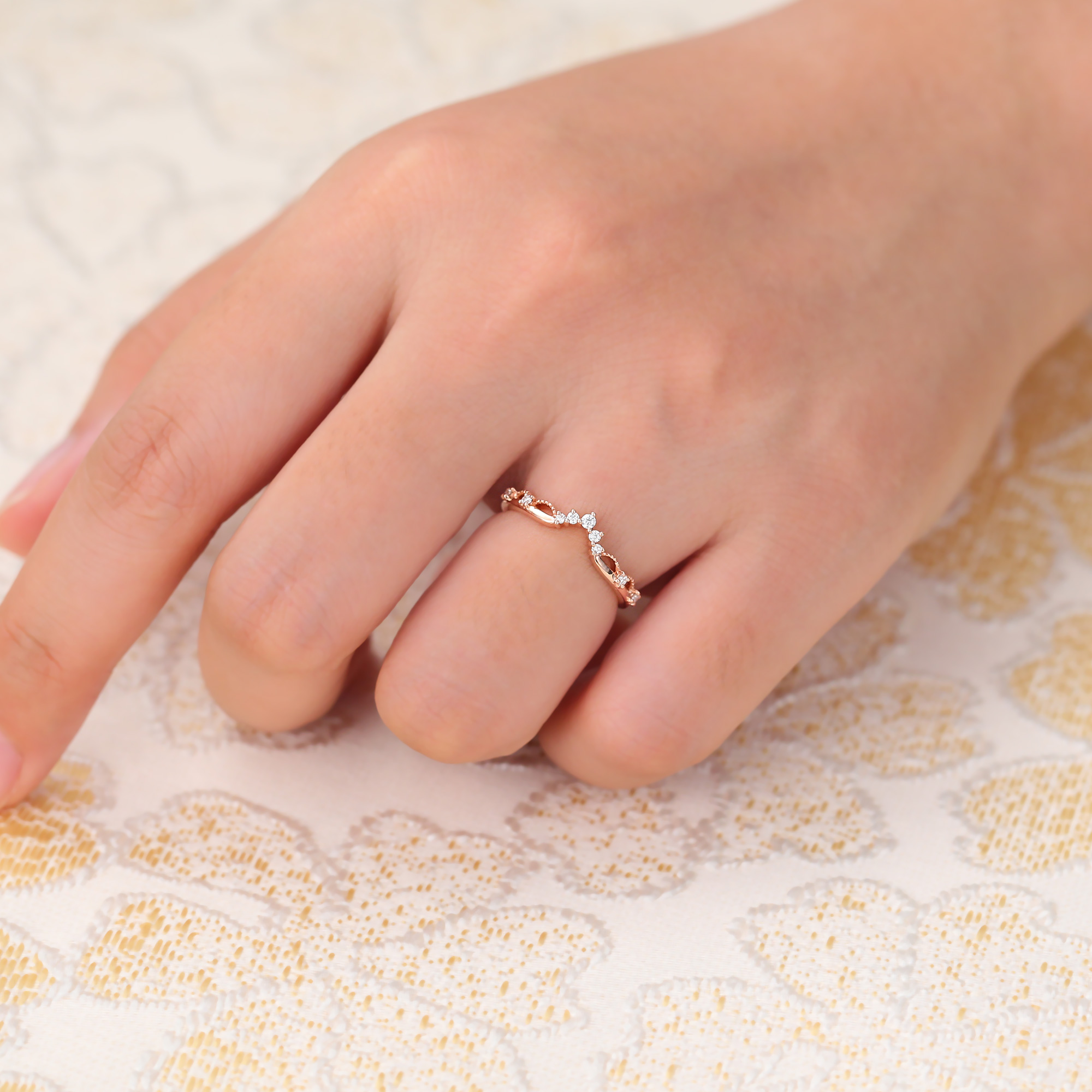 Juyoyo Round Cut Moissanite Curved Wedding Band Stacking Ring for Women in 14K Rose Gold