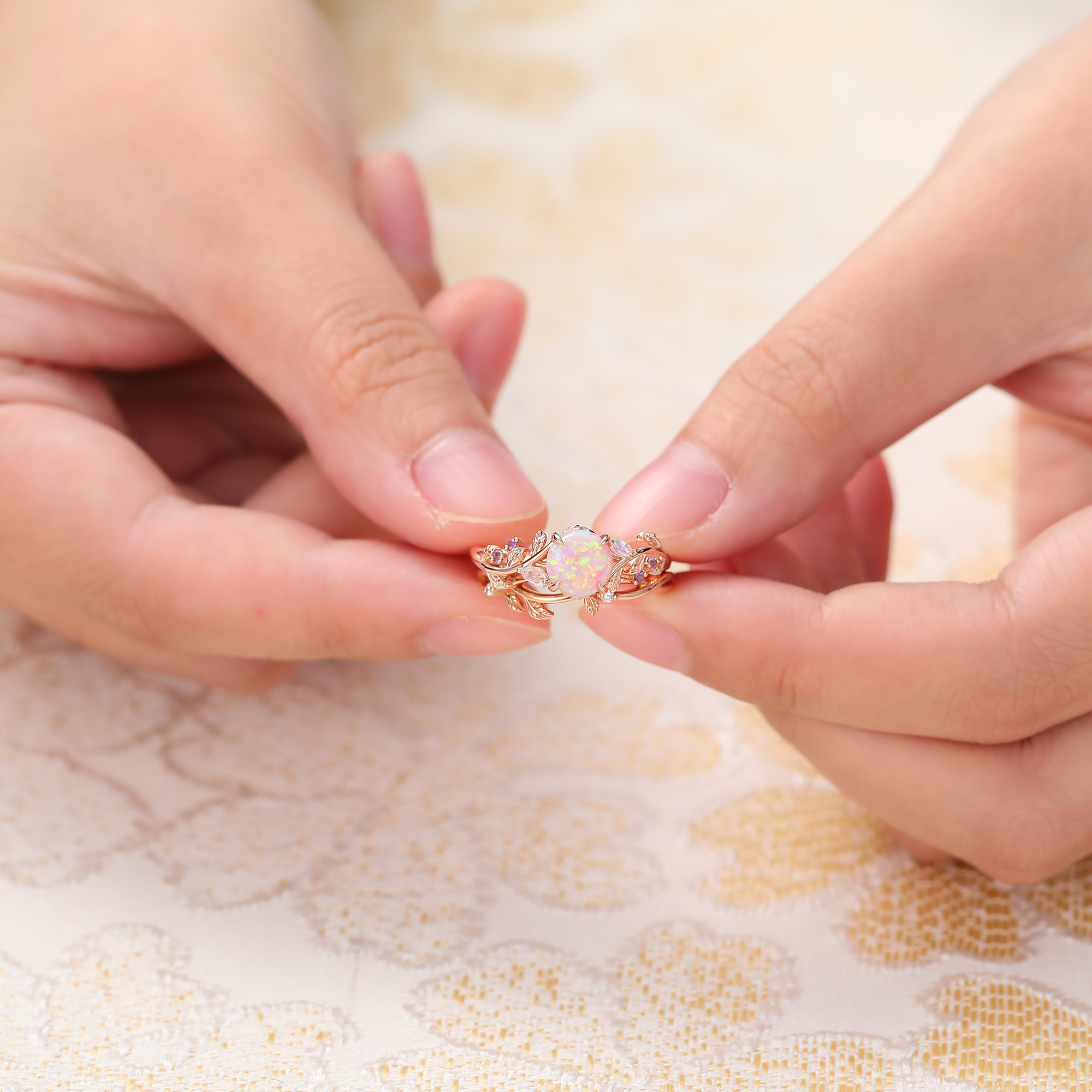 Juyoyo Round Pink Opal Wedding Ring Set Vine Nature Inspired Engagement Ring Set Rose Gold