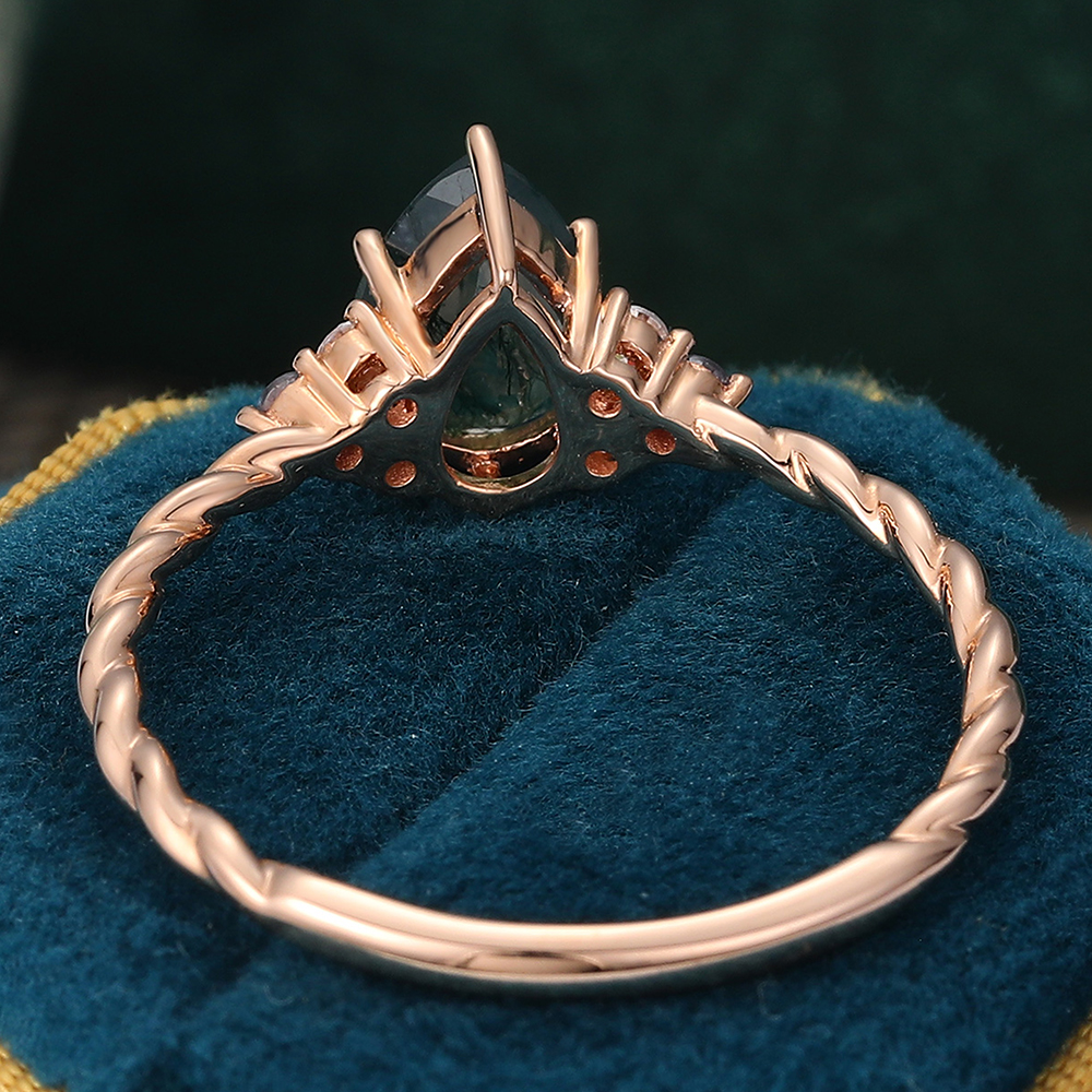 Juyoyo Pear Moss Agate Engagement Ring Twisted Ring with Alexandrite & Moissanite Accents