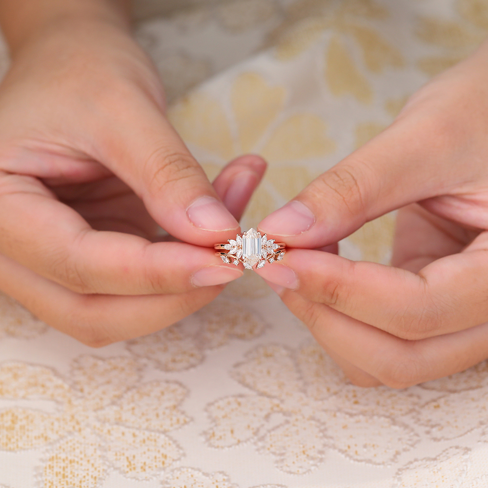 Juyoyo Long Hexagon Cut Moissanite Bridal Ring Set Vintage Diamond Engagement Ring Set Rose Gold - 2pcs