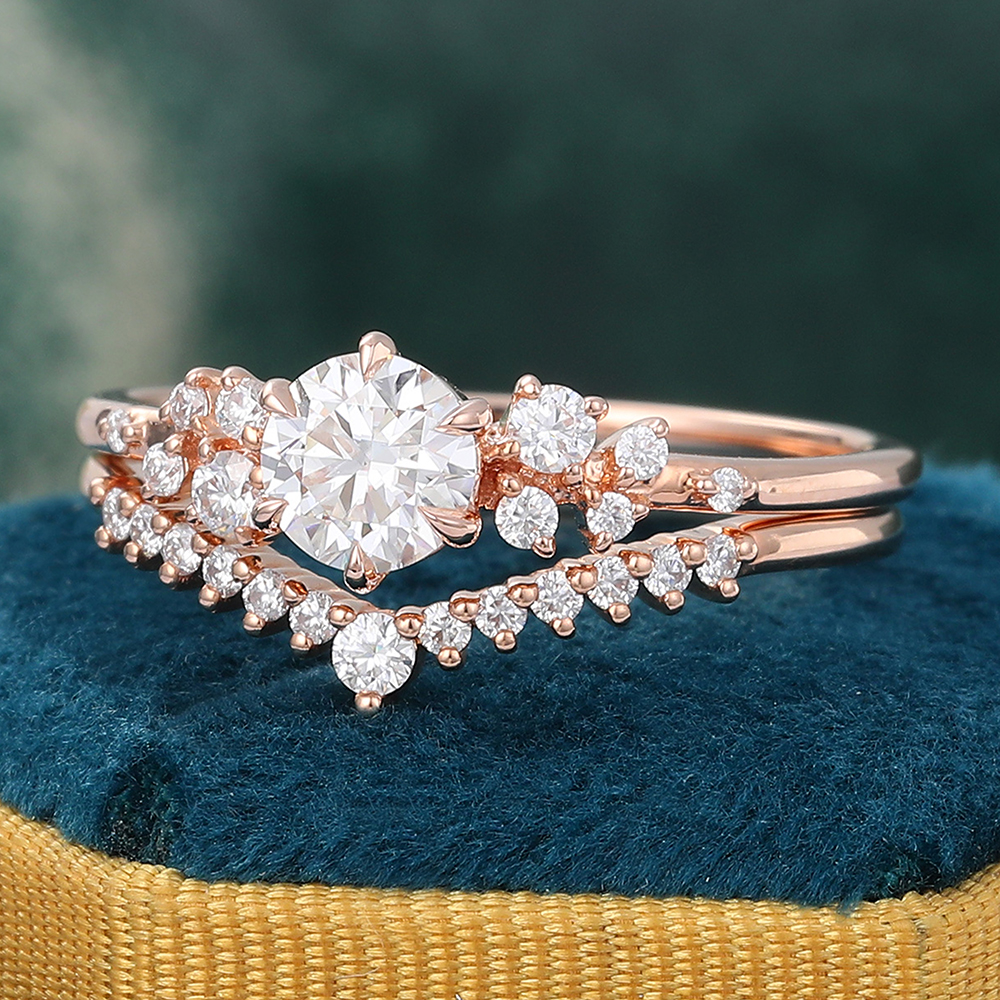 Juyoyo Vintage Moissanite Bridal Ring Set Rose Gold Diamond Cluster Engagement Ring Set - 2pcs