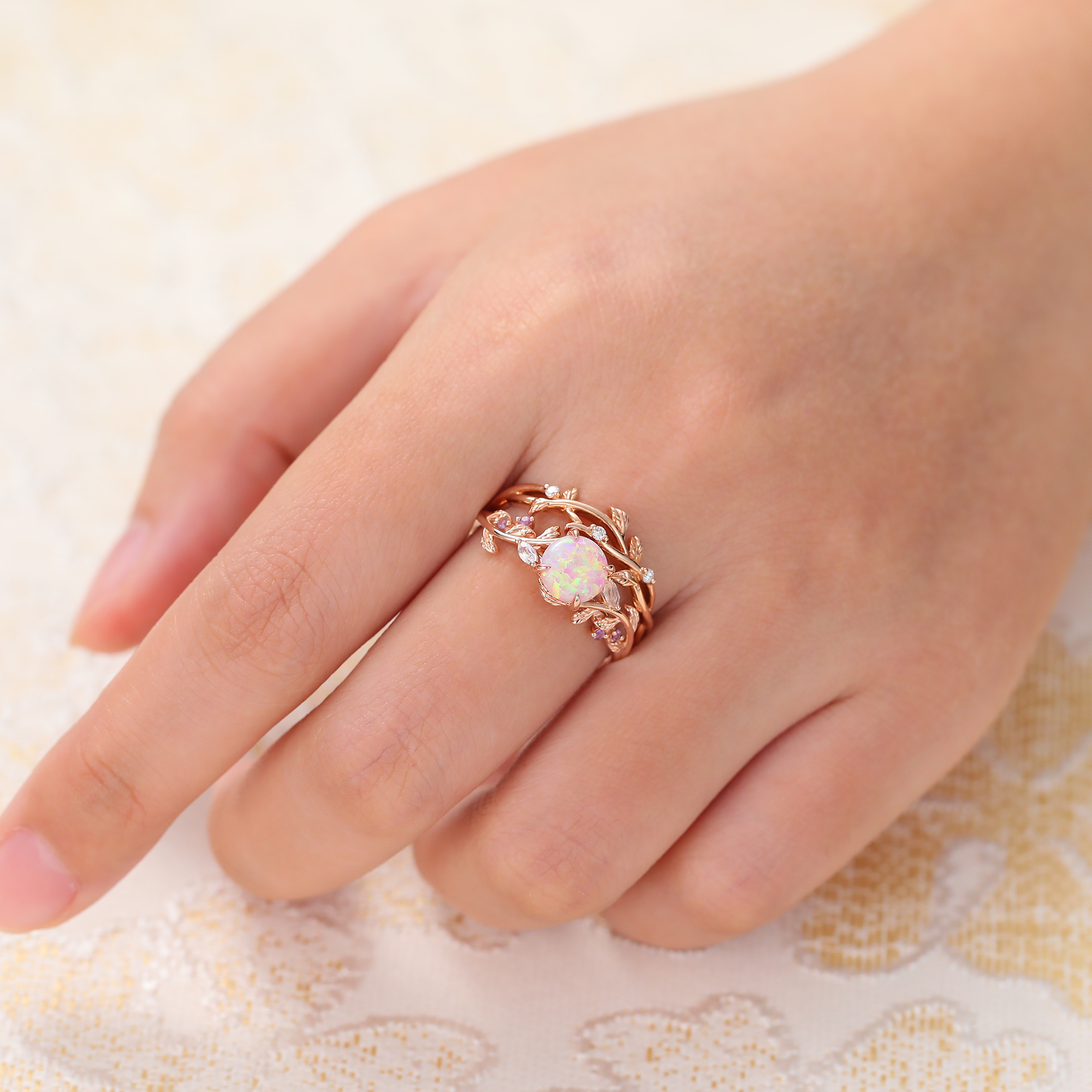 Juyoyo Round Pink Opal Wedding Ring Set Vine Nature Inspired Engagement Ring Set Rose Gold