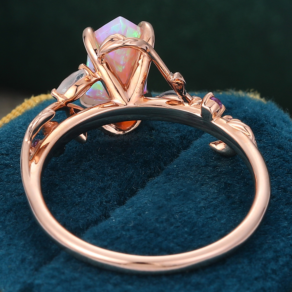 Juyoyo Elongated Hexagon Cut Pink Opal Engagement Ring Nature Inspired Bridal Ring Rose Gold