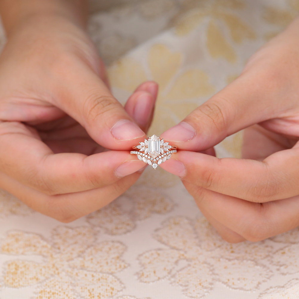 Juyoyo Vintage Long Hexagon Moissanite Engagement Ring Set Rose Gold Diamond Bridal Set - 2pcs