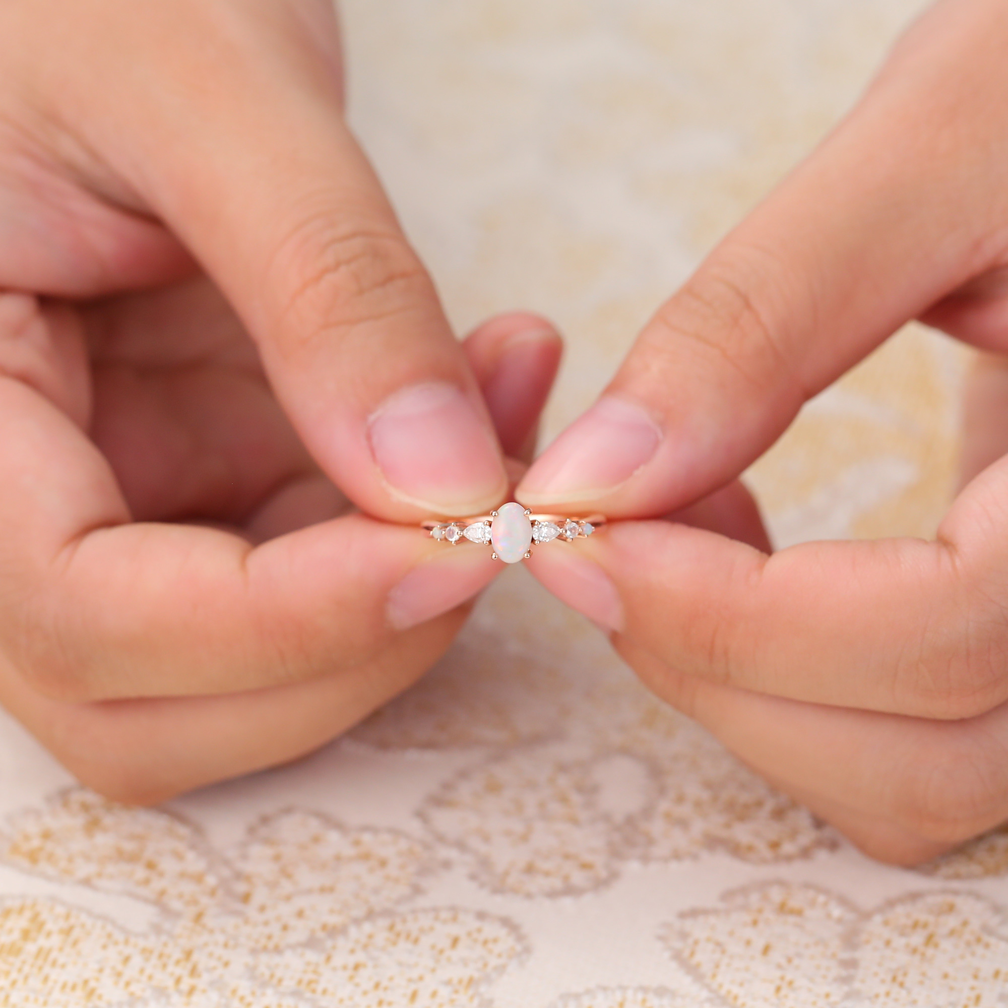 Juyoyo Oval Cut Opal Ring with Moissanite & Moonstone Accents for Women