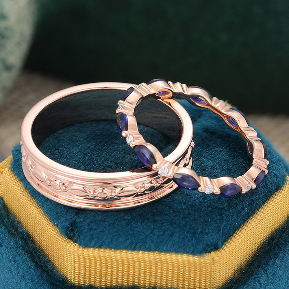 Juyoyo Marquise Cut Sapphire Couple Rings For Men & Women Rose Gold Double Band Bridal Set - 2pcs