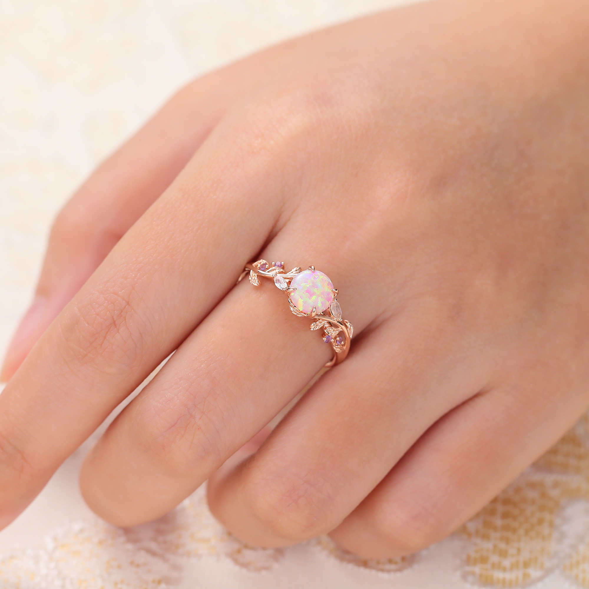 Juyoyo Round Cut Pink Opal Ring Nature Inspired Leaf Engagement Ring 14K Rose Gold