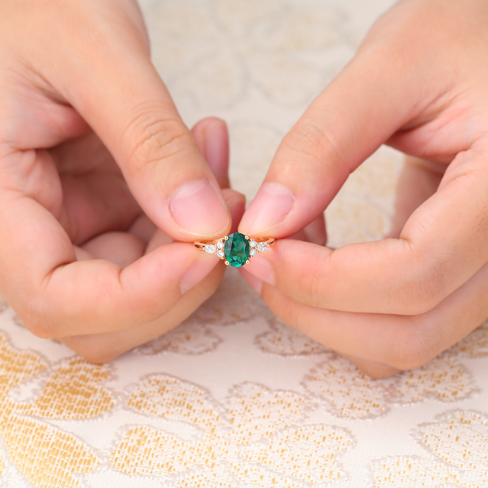 Juyoyo 14K Rose Gold Oval Lab Emerald Engagement Ring with Diamond Accents