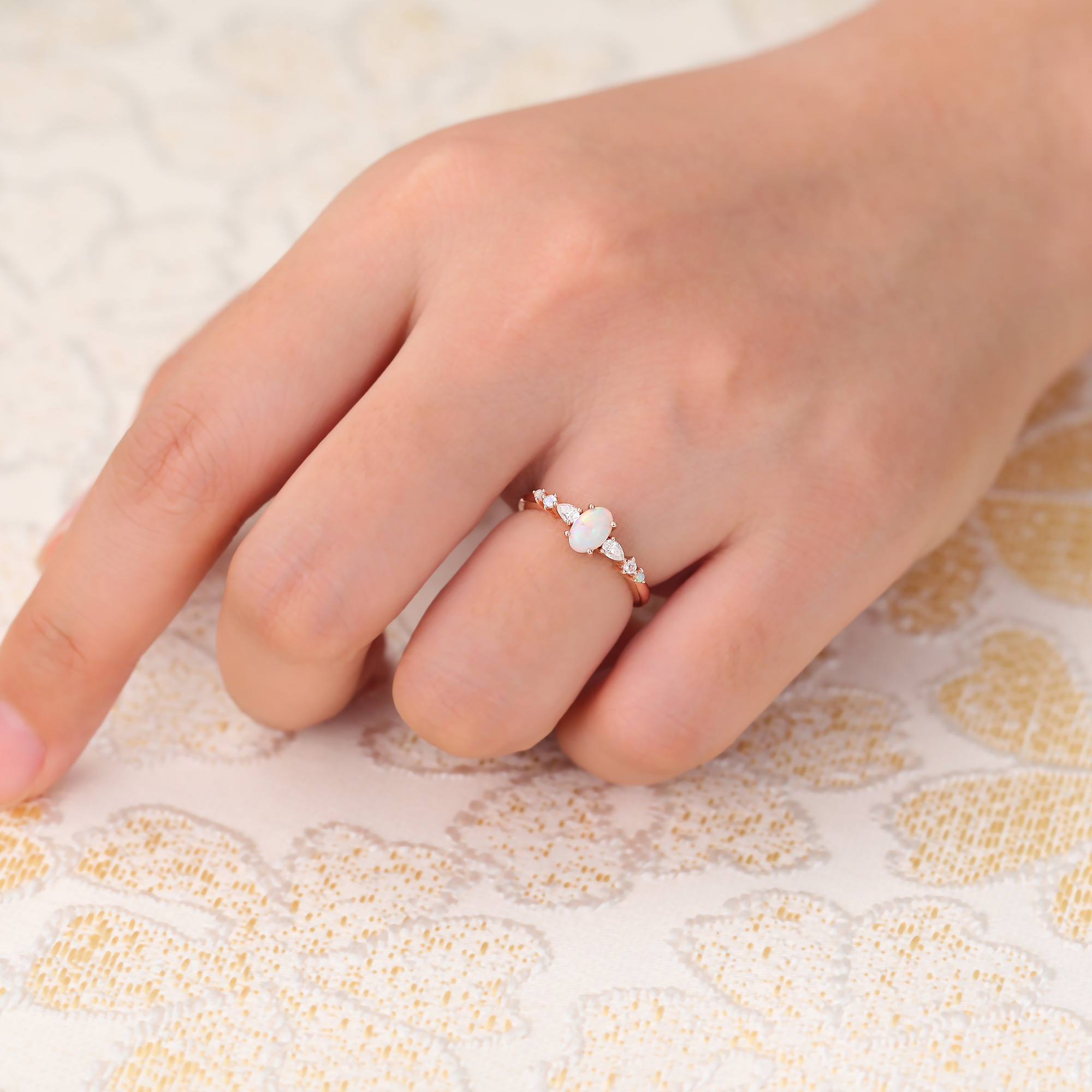 Juyoyo Oval Cut Opal Ring with Moissanite & Moonstone Accents for Women