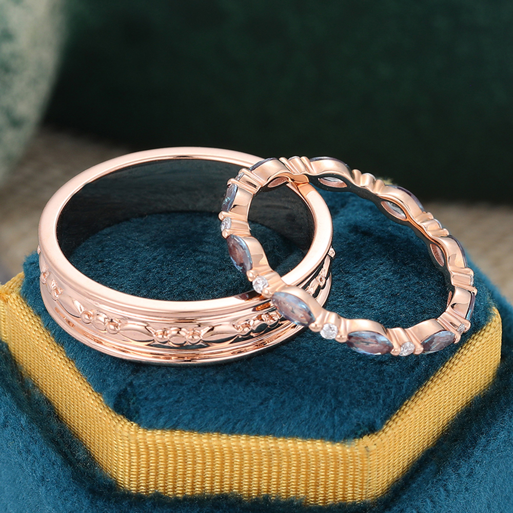 Juyoyo Marquise Cut Alexandrite Couple Rings For Men & Women Rose Gold Double Band Bridal Set - 2pcs
