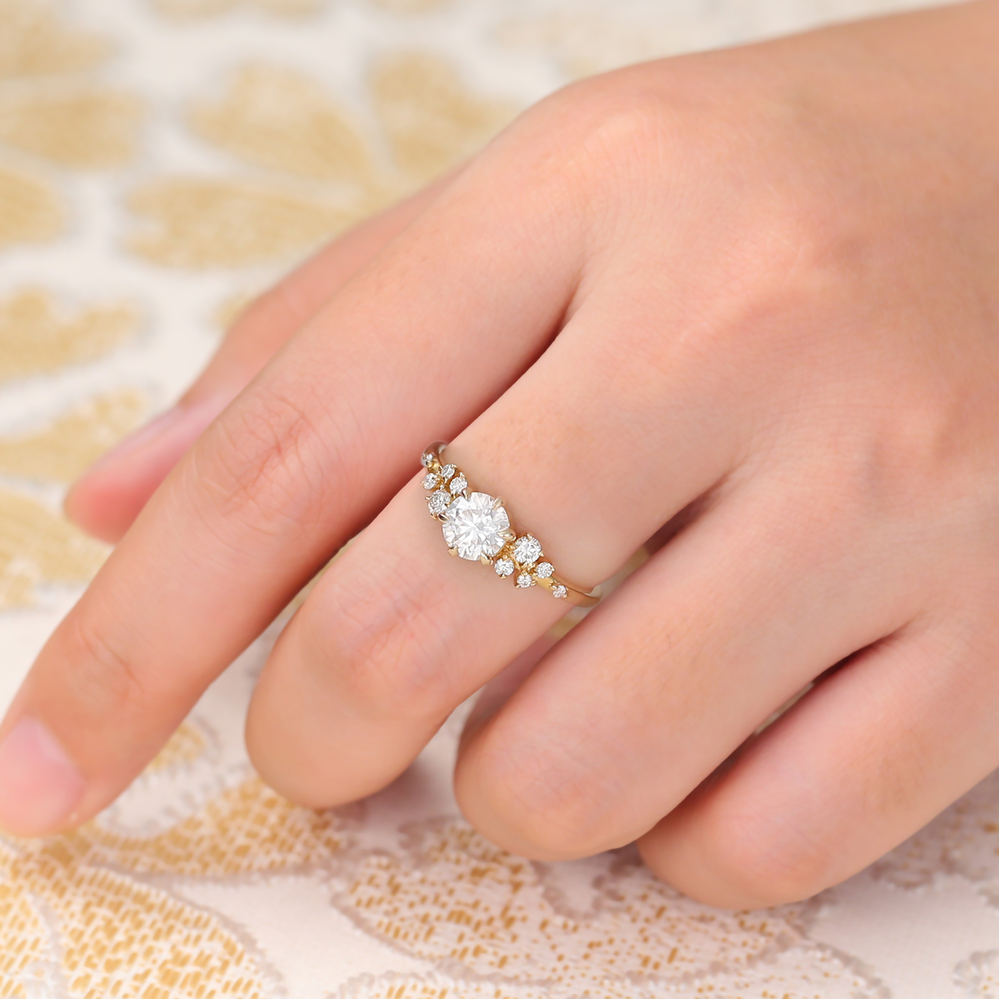 Round Moissanite Engagement Ring Cluster Bridal Ring for Women in 14K Yellow Gold