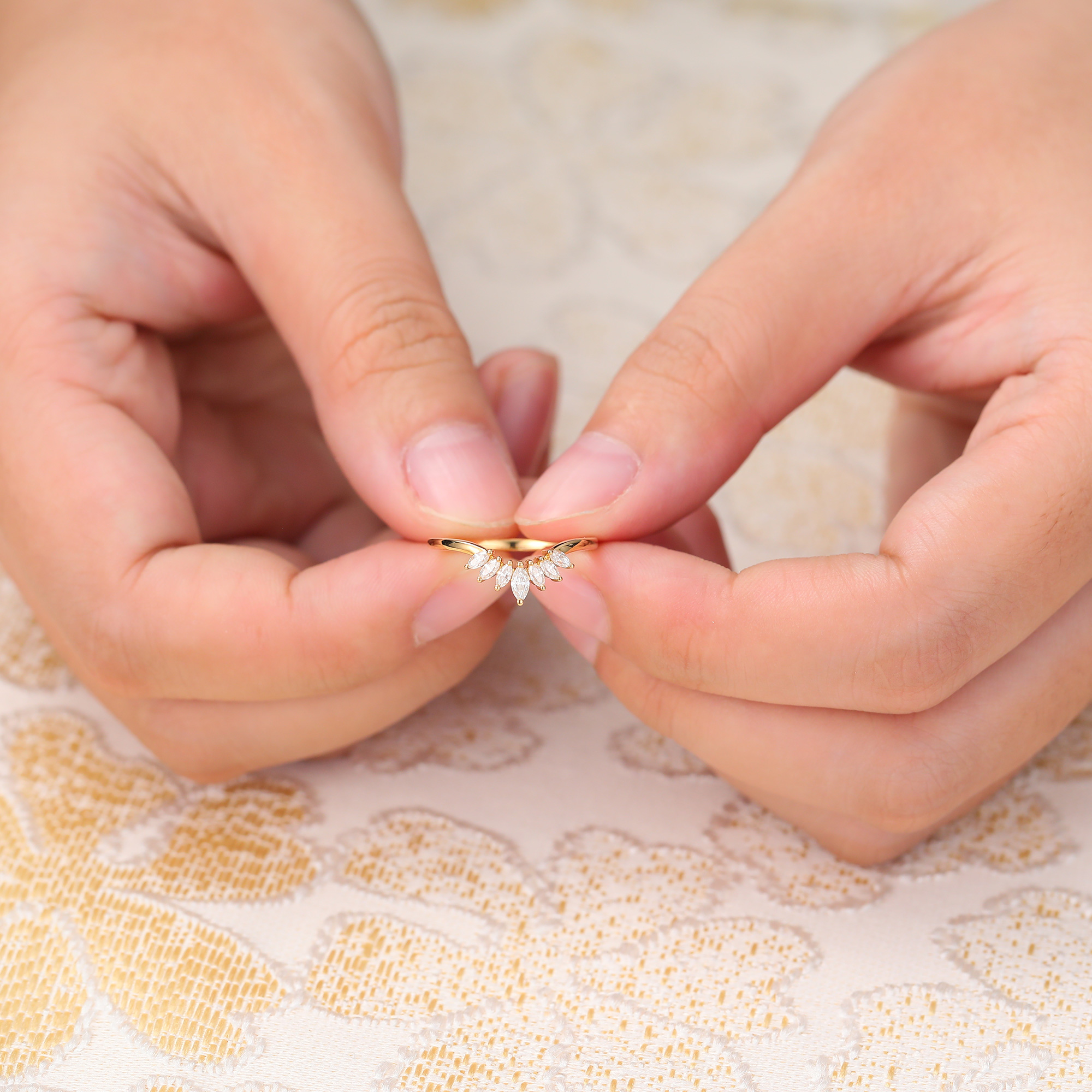 Juyoyo Unique Marquise Cut Moissanite Curved Wedding Band Yellow Gold Diamond Stacking Ring for Women