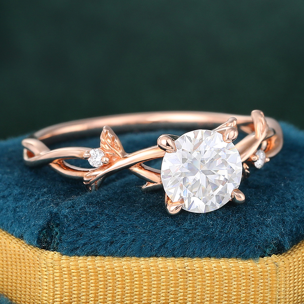 Juyoyo Round Cut Moissanite Three Stone Engagement Ring Vine Leaf Rose Gold Nature Inspired Ring