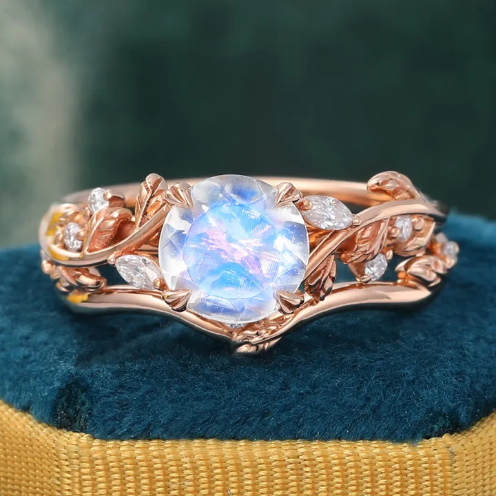 Nature Inspired Vine and Leaf Moonstone Engagement Ring Set - 2pcs