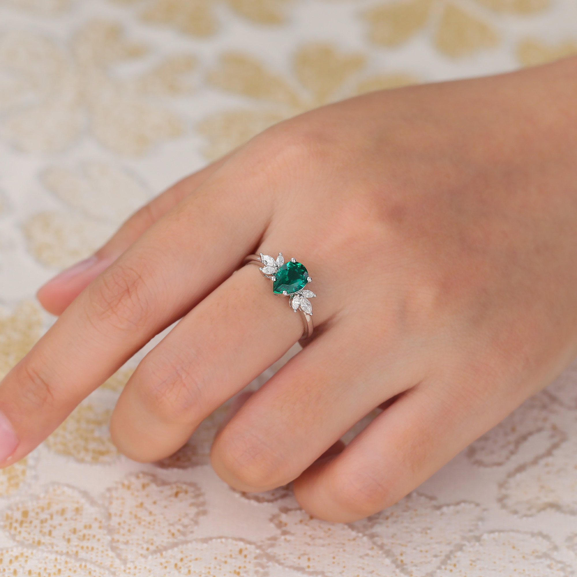 Juyoyo Pear Shaped Emerald Engagement Ring Diamond Cluster Promise Ring in 14K White Gold