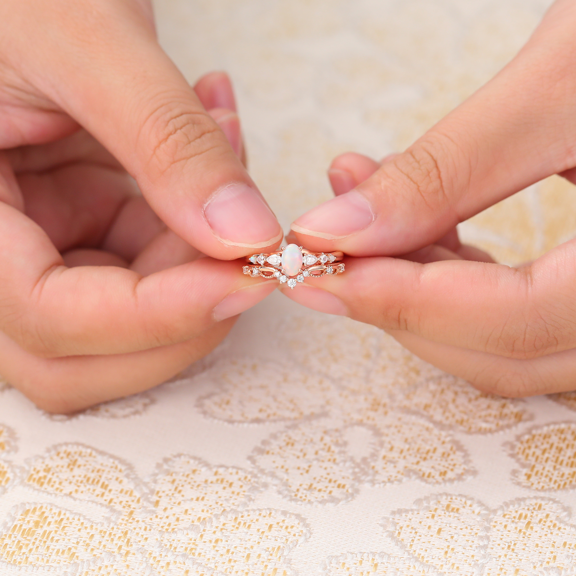 Juyoyo Vintage Opal and Diamond Bridal Ring Set - 2pcs