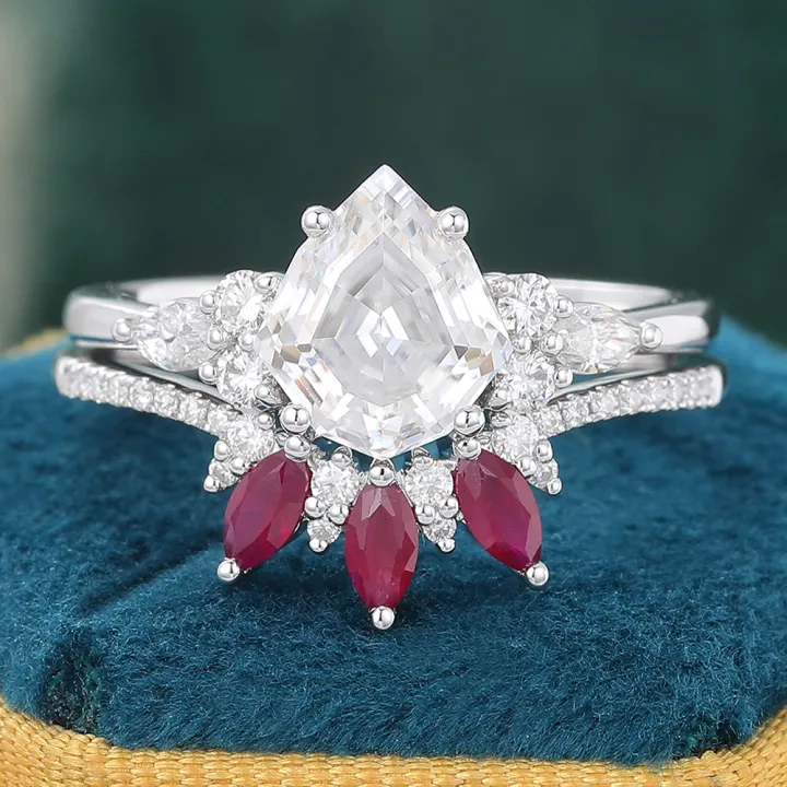 Shield Shaped Moissanite & Ruby Bridal Ring Set White Gold Engagement Ring Set - 2pcs