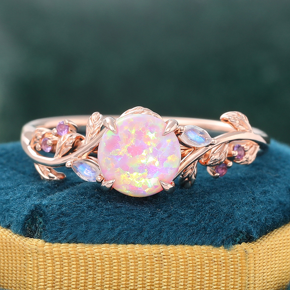 Round Cut Pink Opal Ring Nature Inspired Leaf Engagement Ring 14K Rose Gold