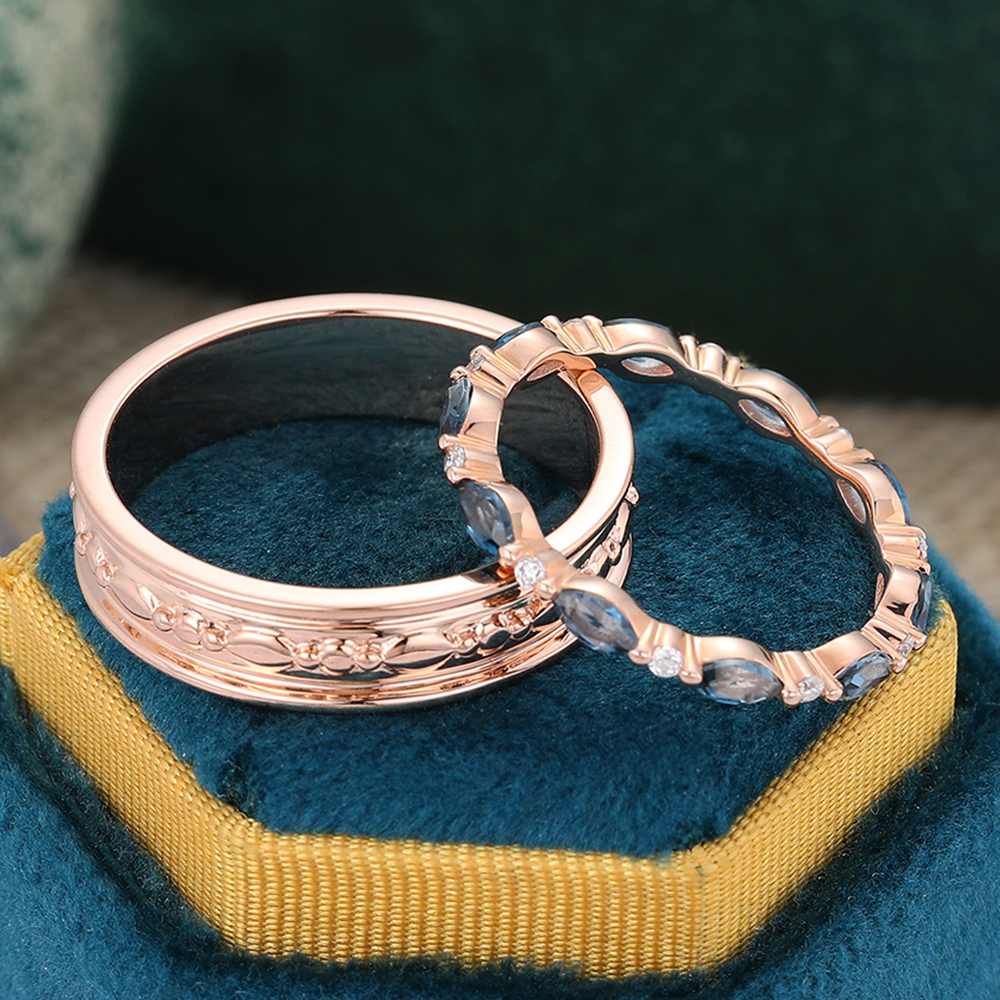 Engraved Wide Plain Band & London Blue Topaz and Diamond Alternating Eternity Band-2pcs