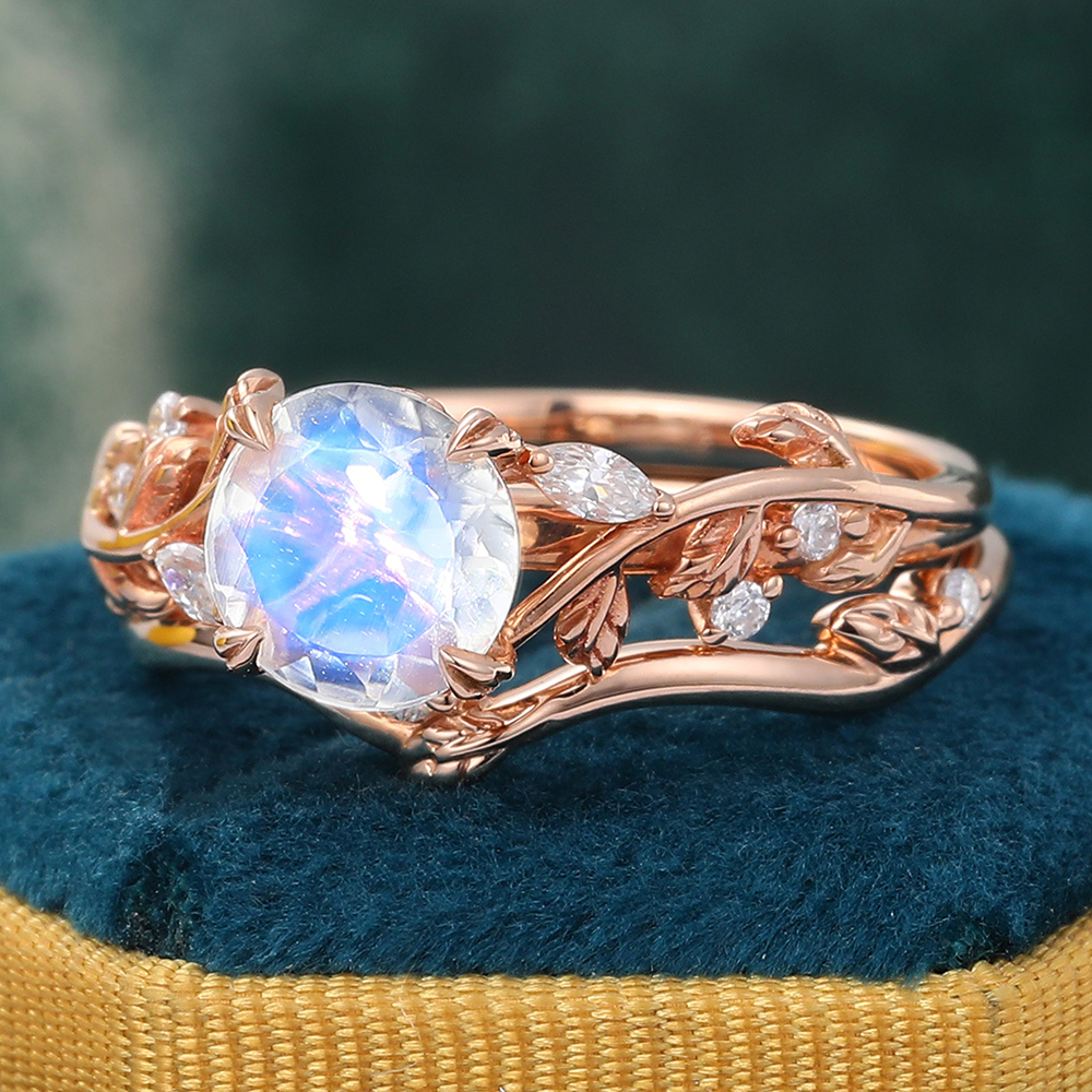 Juyoyo Nature Inspired Vine and Leaf Moonstone Engagement Ring Set - 2pcs