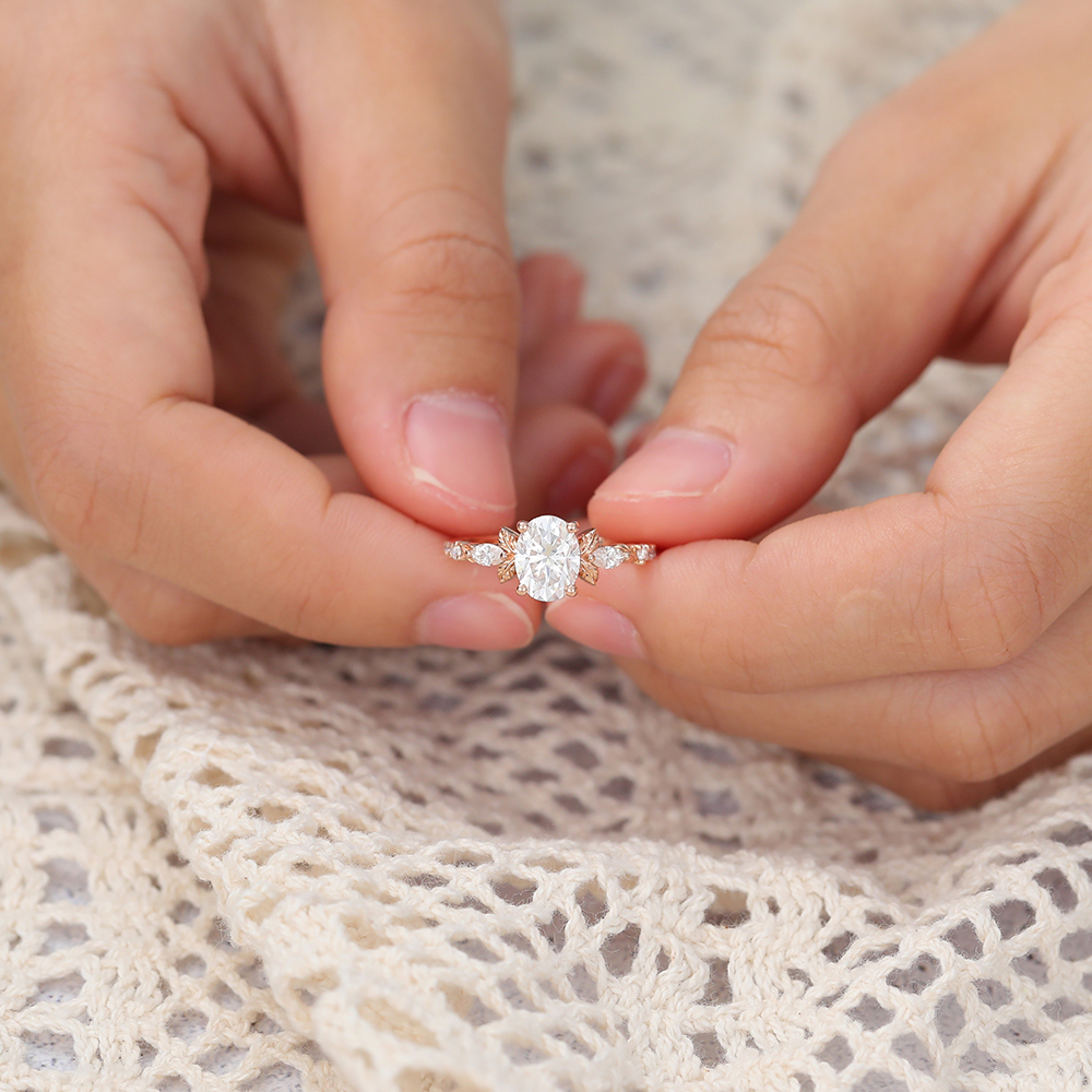 Juyoyo Oval Cut Moissanite Nature Inspired Engagement Ring Leaf Botanic Diamond Pave Bridal Ring