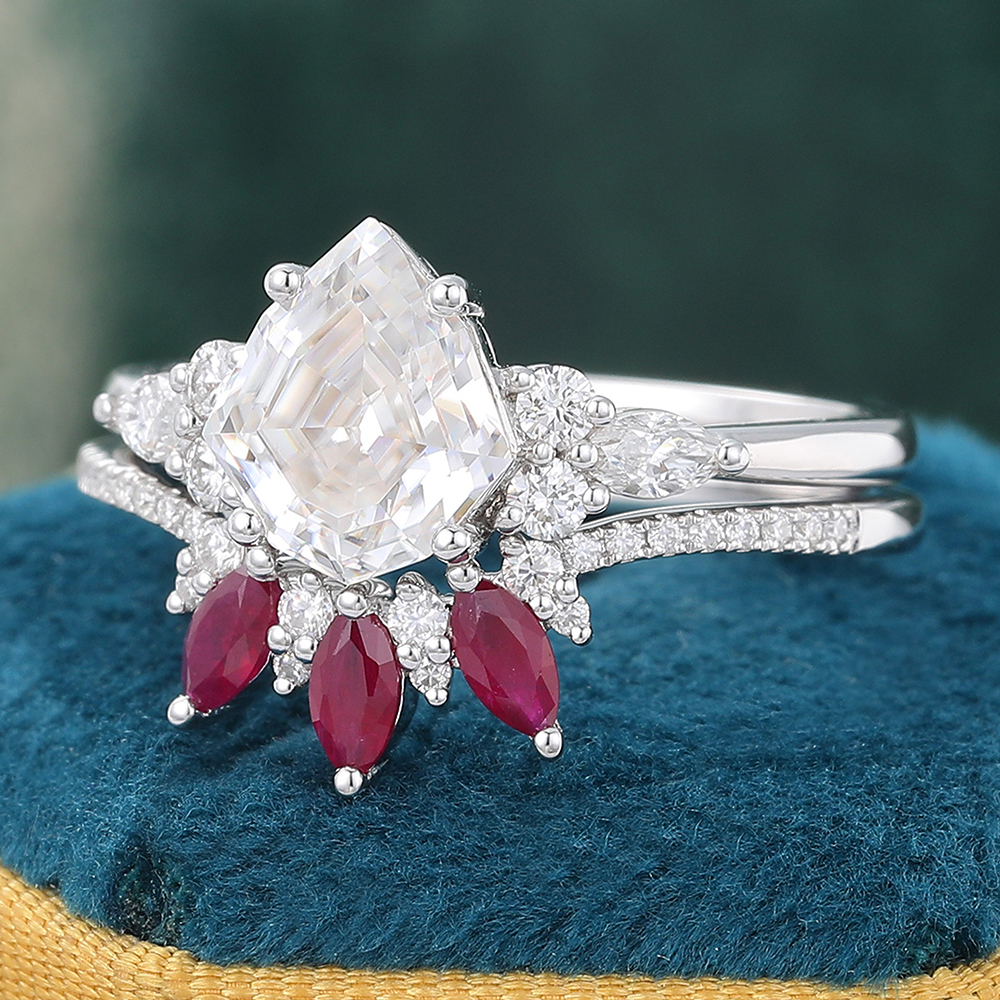 Juyoyo Shield Shaped Moissanite & Ruby Bridal Ring Set White Gold Engagement Ring Set - 2pcs