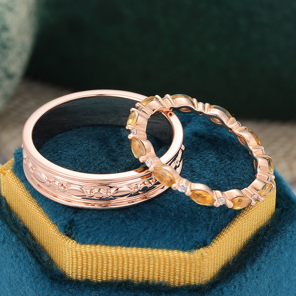 Juyoyo Marquise Cut Citrine Eternity Wedding Band Set Couple Rings Set for Men and Women - 2pcs