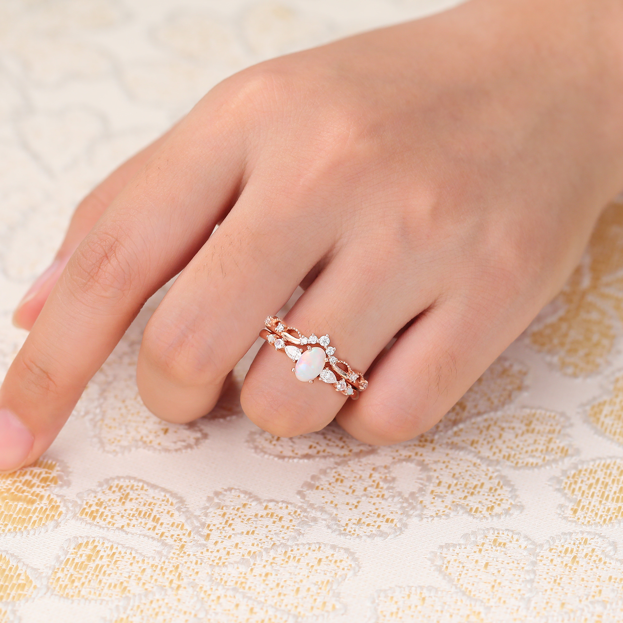 Juyoyo Vintage Opal and Diamond Bridal Ring Set - 2pcs