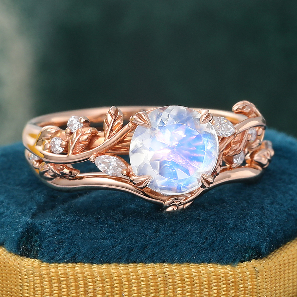 Juyoyo Nature Inspired Vine and Leaf Moonstone Engagement Ring Set - 2pcs