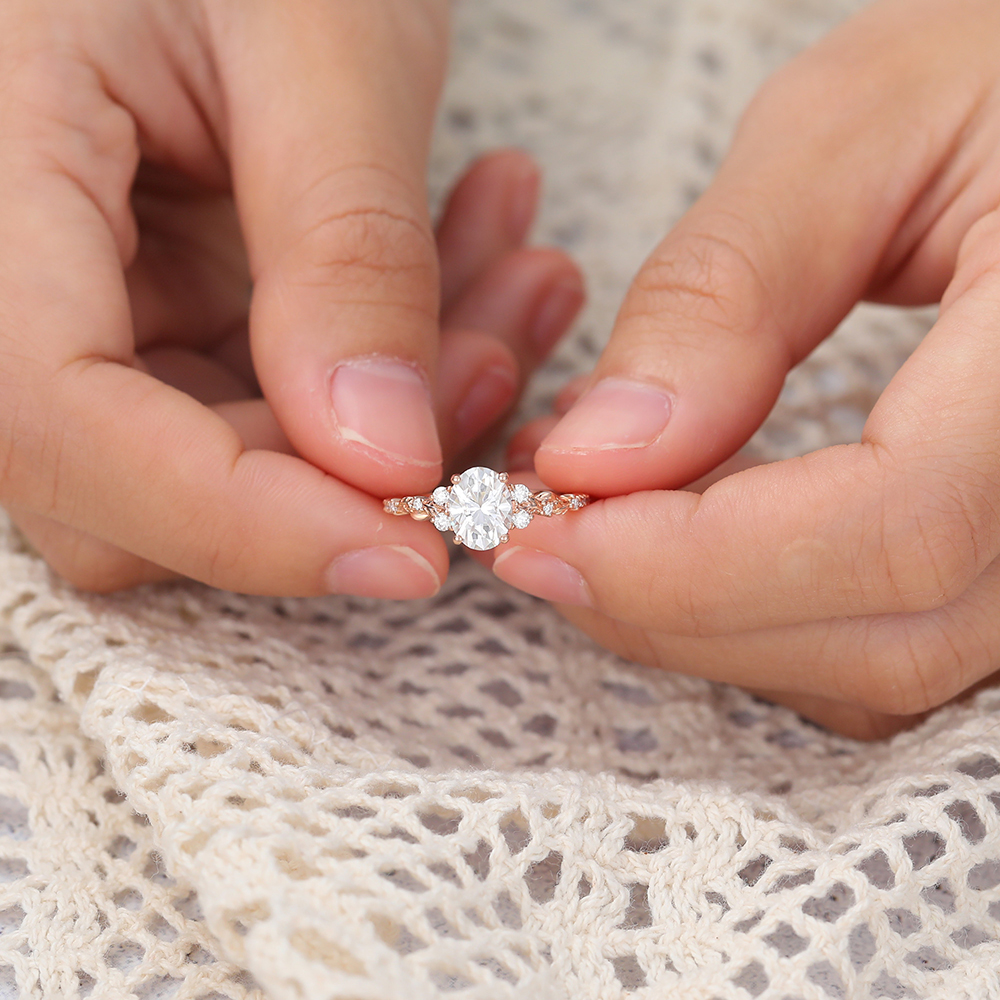 Juyoyo Vintage Oval Cut Moissanite Engagement Ring Diamond Side Stones Nature Inspired Engagement Ring