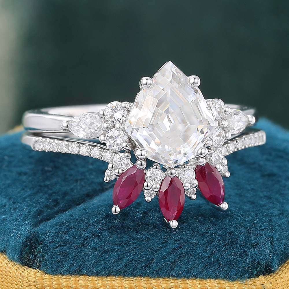 Juyoyo Shield Shaped Moissanite & Ruby Bridal Ring Set White Gold Engagement Ring Set - 2pcs