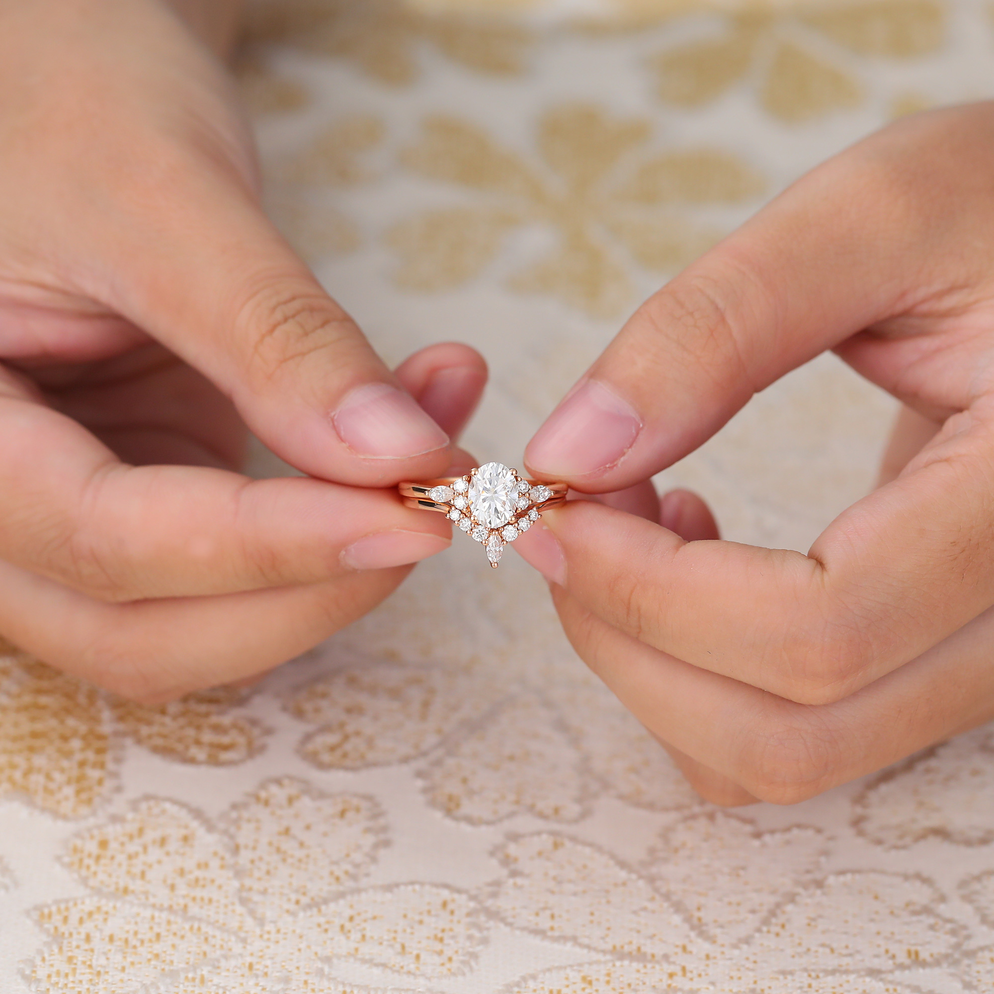 Juyoyo Rose Gold Oval Moissanite Wedding Set Diamond Cluster Engagement Ring Set for Women - 2pcs