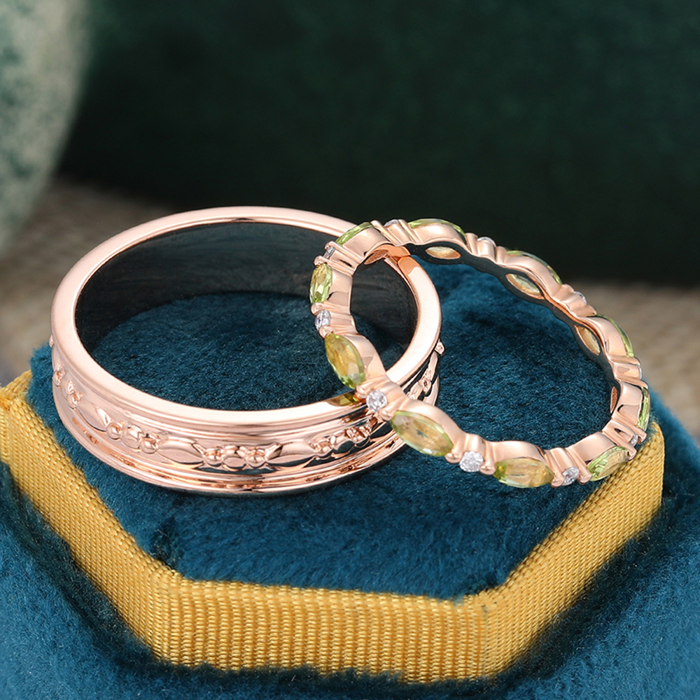 14K Rose Gold Wide Wedding Band & Olivine and Diamond Alternating Eternity Band - 2pcs