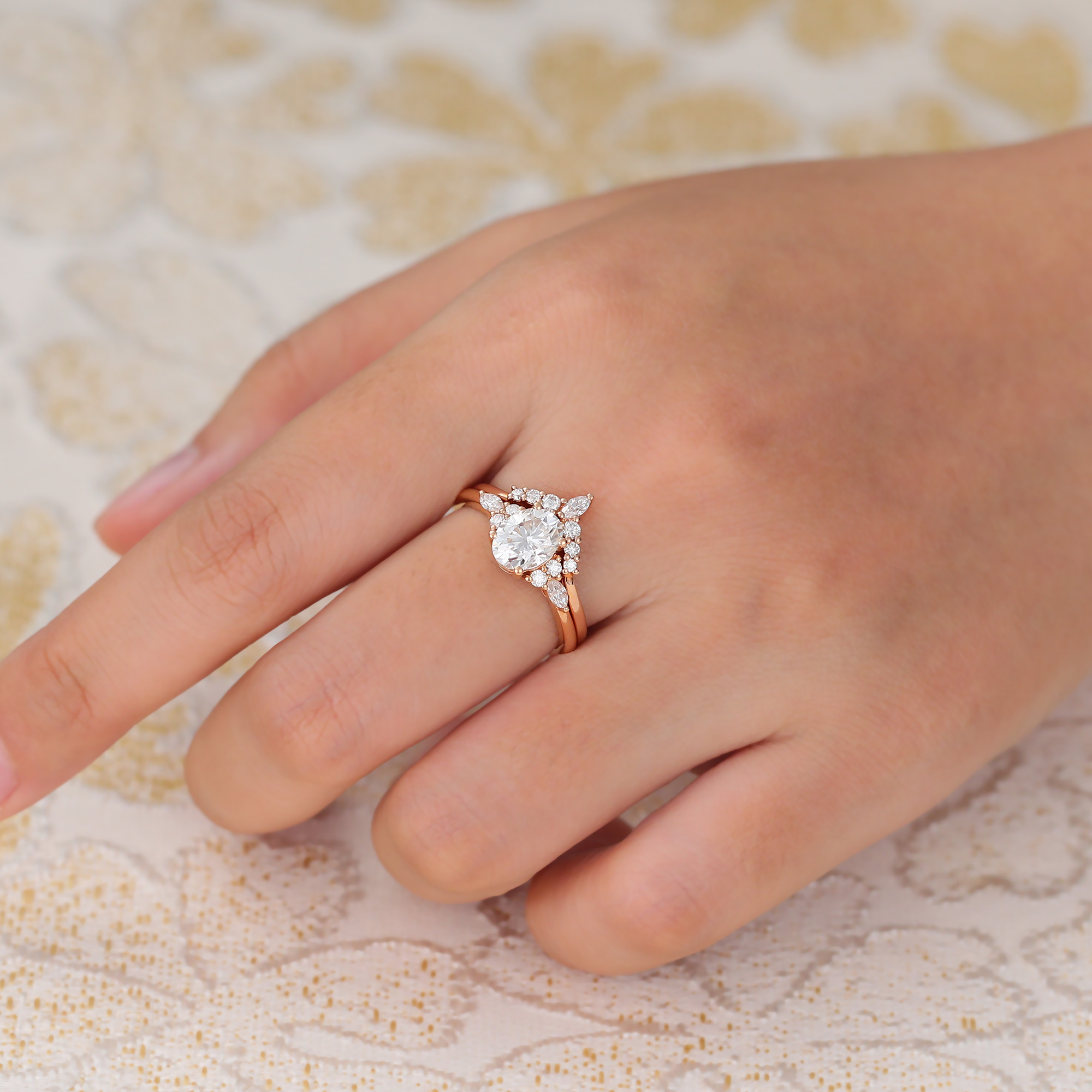 Juyoyo Rose Gold Oval Moissanite Wedding Set Diamond Cluster Engagement Ring Set for Women - 2pcs