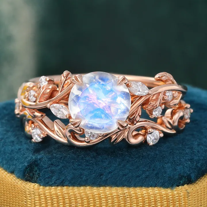 Nature-Inspired Secret Garden Moonstone Wedding Ring Set - 2pcs