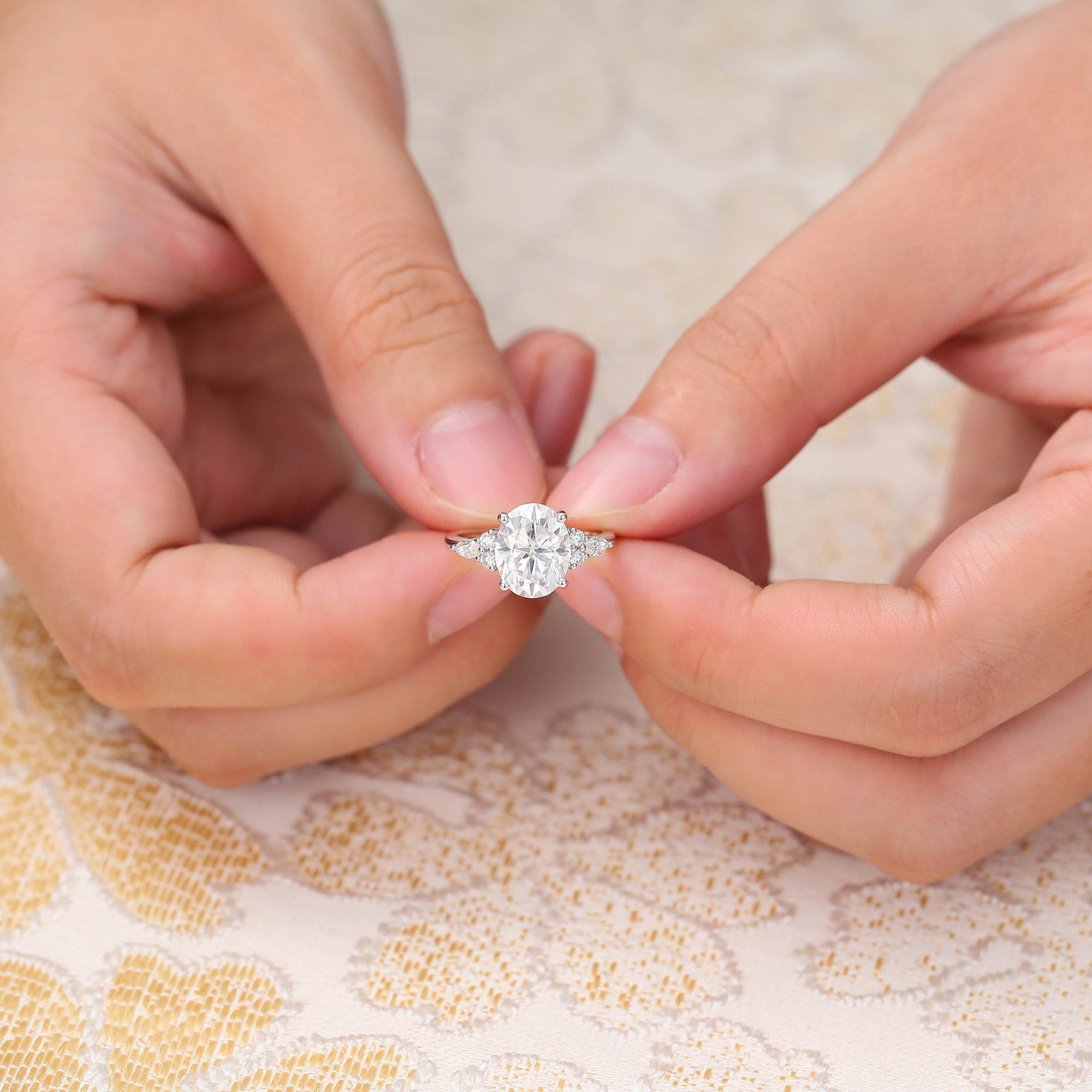 Juyoyo Oval Moissanite Engagement Ring Vintage Cluster Promise Wedding Ring in 14K White Gold